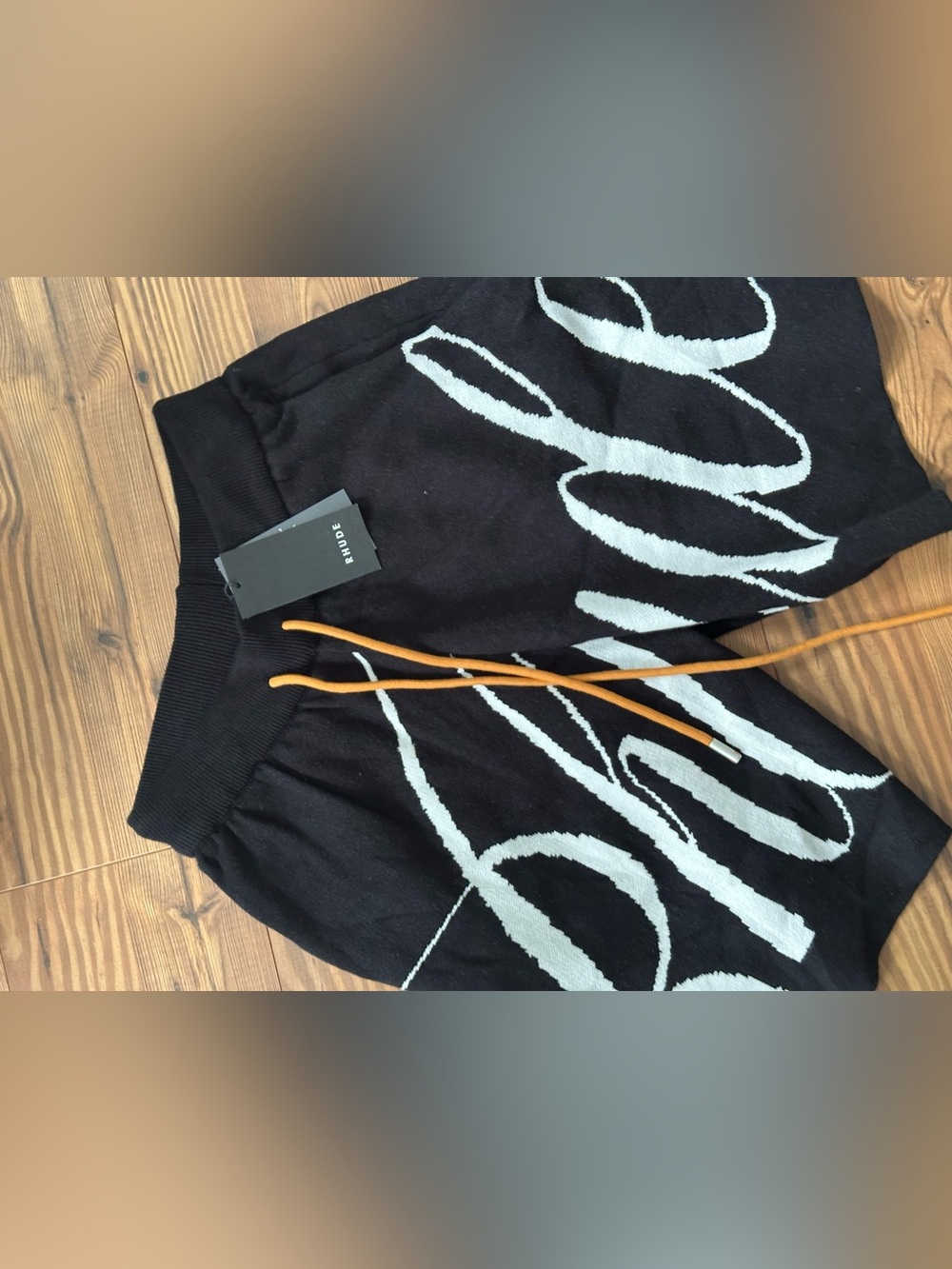 Rhude Black Knit Shorts with Tan Drawstrings